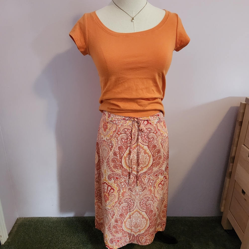 Banana Republic Pink & Orange Paisley Silk Midi Skirt size 0 y2k fairy